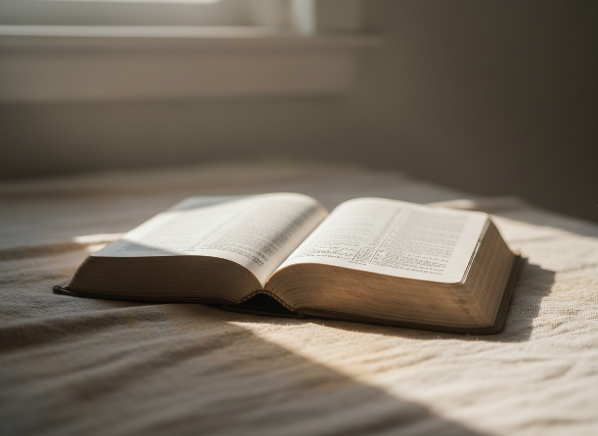 Soft morning light on an open Bible resting on warm linen